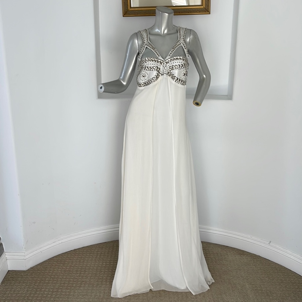 Sheri Bodell Maxi Silk Chiffon White Gown Metal Studs Accent  Cocktail Dress M